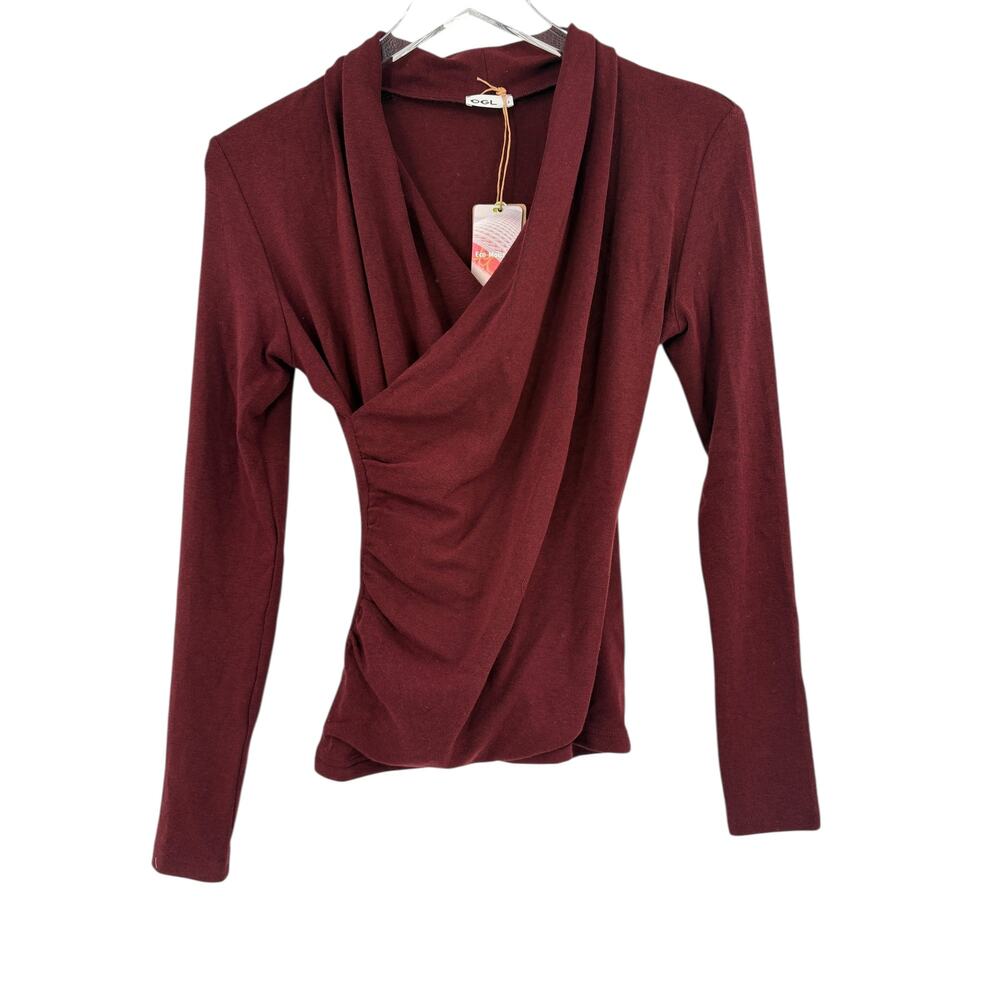 OGL Top Size M NEW Ruby Red Maroon Surplice Long Sleeve Top V Neck Stretch - Picture 6 of 11